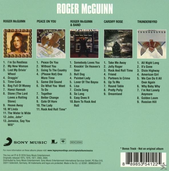 Albumcover mit Bildern von Roger McGuinn und Songtiteln. Farben: Weiß, Schwarz, Braun und Rot.
