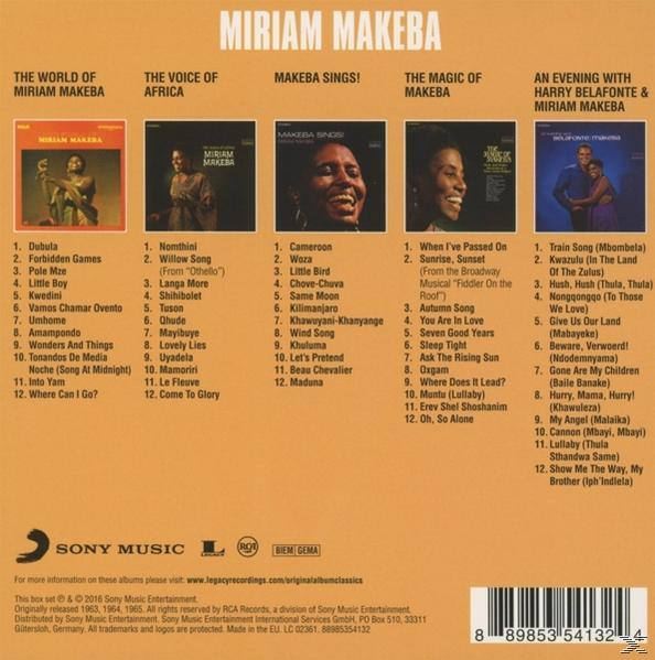 CD-Cover mit Fotos von Miriam Makeba und Songlisten. Verschiedene Albumcover und Text.