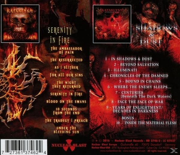 Albumcover mit Totenkopf, Flammen und Text. Text: Kataklysm, Serenity in Fire. Rotes und schwarzes Thema.