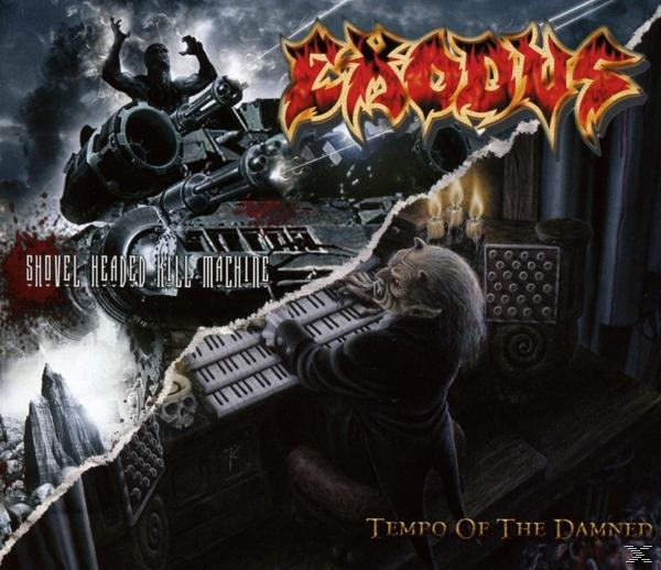 Albumcover mit Monster spielt Keyboard, Panzer und Figur im Hintergrund. Titel: Exodus.