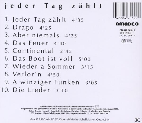 Album-Rückseite mit Titelliste: "Jeder Tag Zählt" mit Titeldauer, Amadeo-Logo und Barcode.