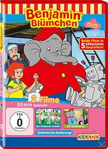 DVD-Cover für 'Benjamin Blümchen', mit Zeichentrickfiguren und rotem Hintergrund.