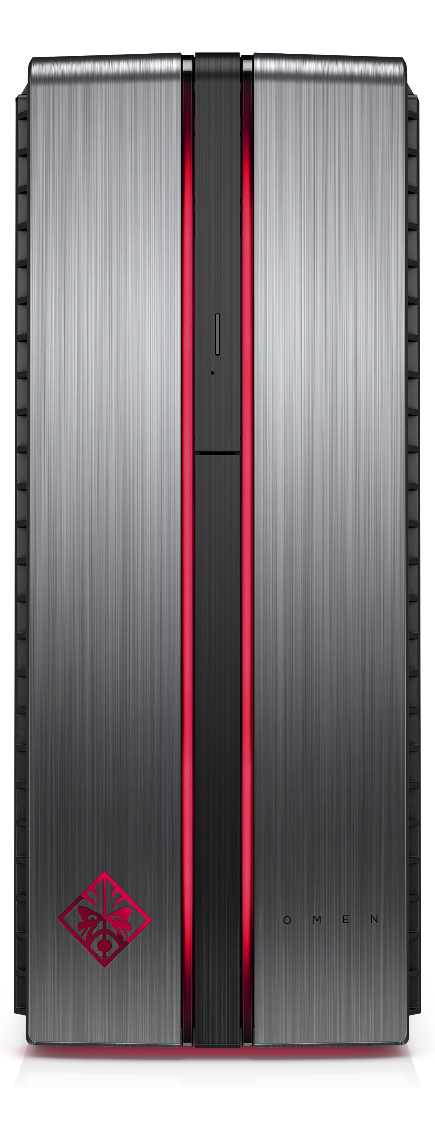 Ein hoher, metallischer Computerturm mit roten Lichtern und dem Omen-Logo unten.