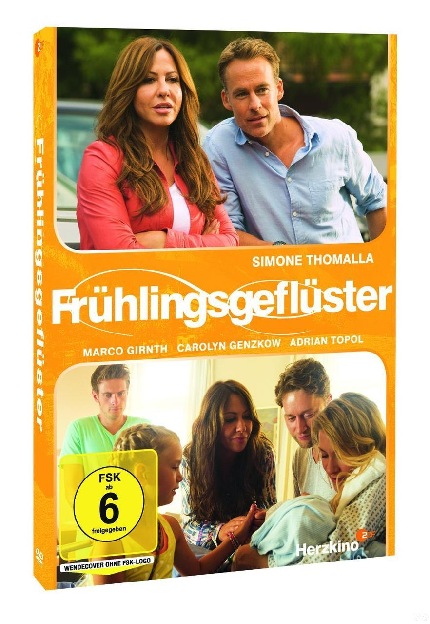 DVD-Cover mit lächelnden Menschen und einer Familie, mit dem Titel 'Frühlingsgeflüster'.