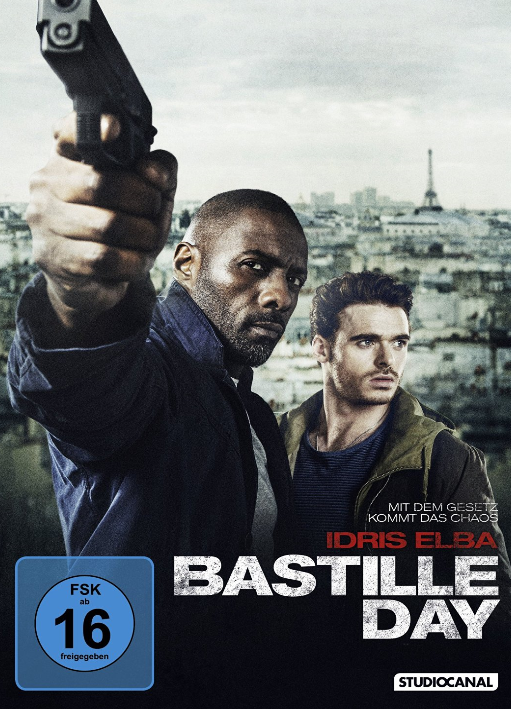 Filmposter für 'Bastille Day'. Idris Elba zielt mit einer Pistole. Richard Madden im Hintergrund. Paris ist sichtbar.