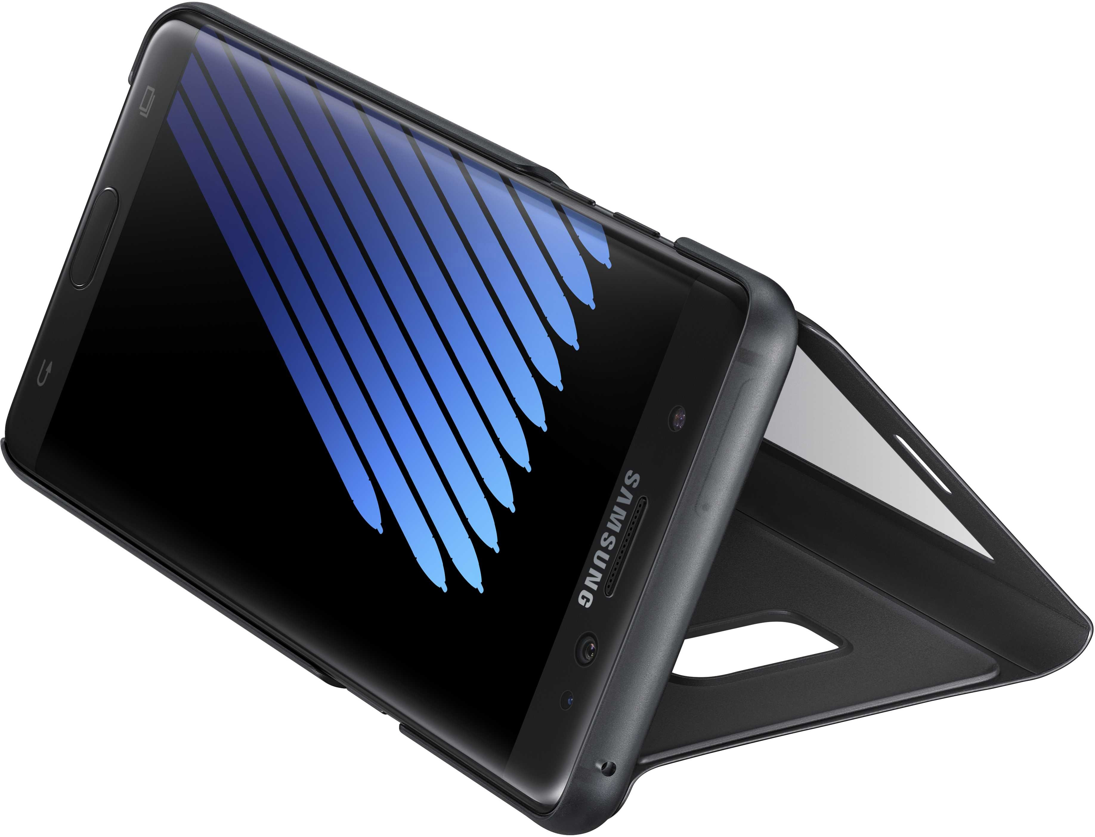 Schwarzes Telefon mit Hülle. Der Bildschirm zeigt blaue Linien. Die Hülle ist schwarz und aufgeklappt.