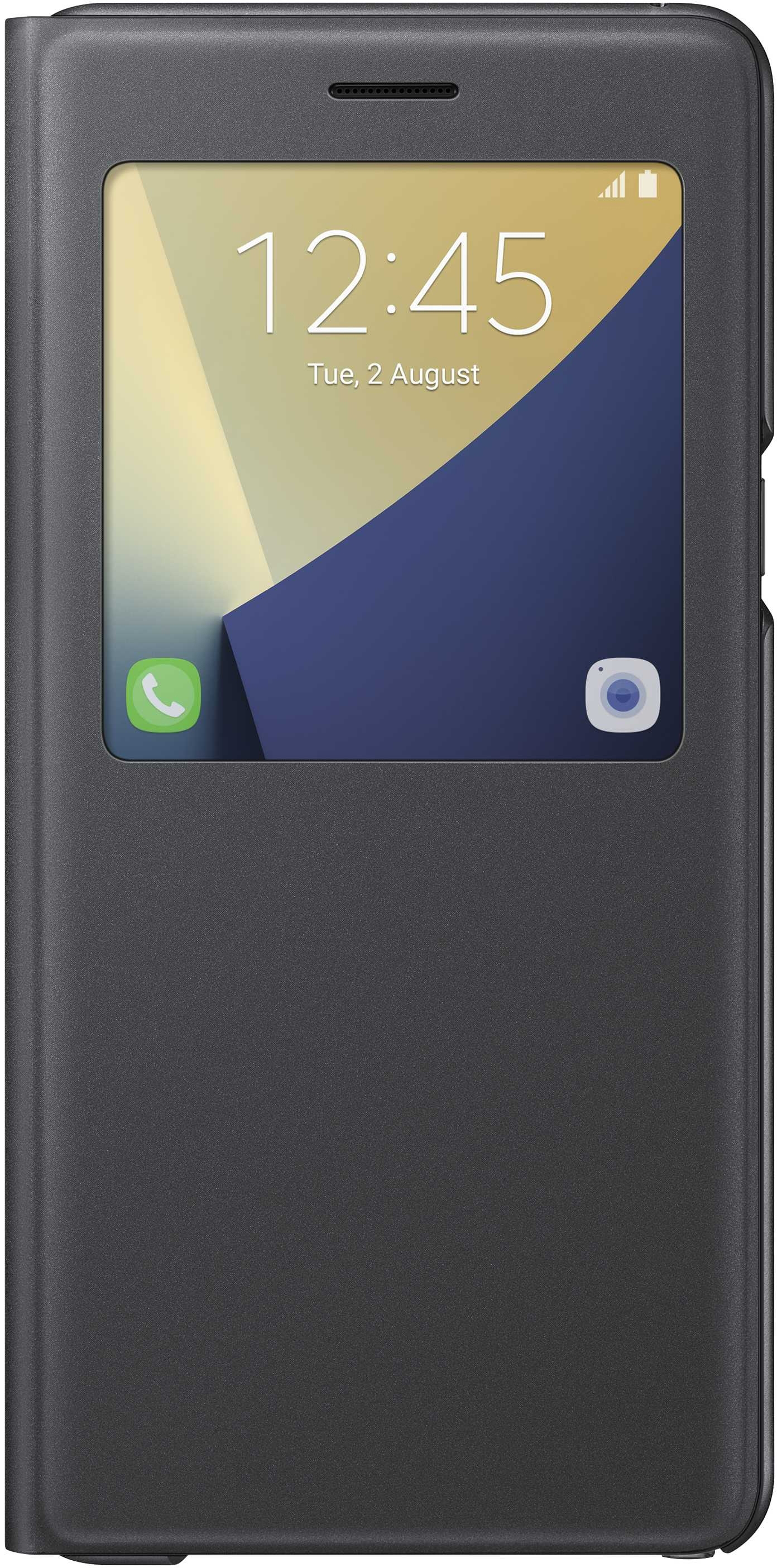 Eine schwarze Smartphone-Hülle mit Fensteranzeige.