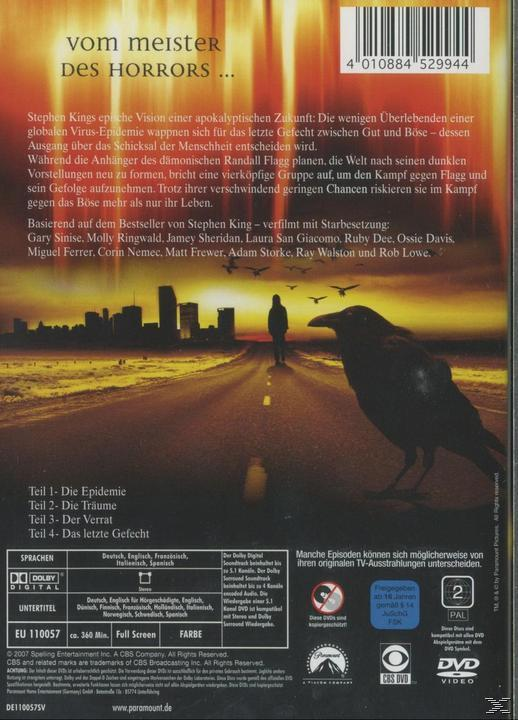 Die Rückseite einer DVD-Hülle mit einer Krähe, einer Skyline und dem Namen von Stephen King.
