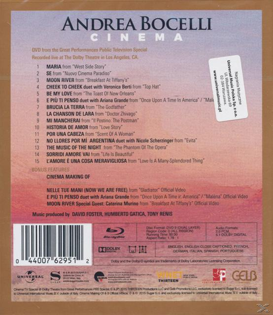 DVD-Cover für Andrea Bocelli Cinema mit Titelliste.