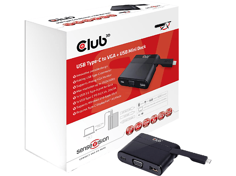 CLUB-3D Videoadapter SenseVision USB Typ-C auf VGA + USB 3.0 + USB Typ-C Charging Mini Dock