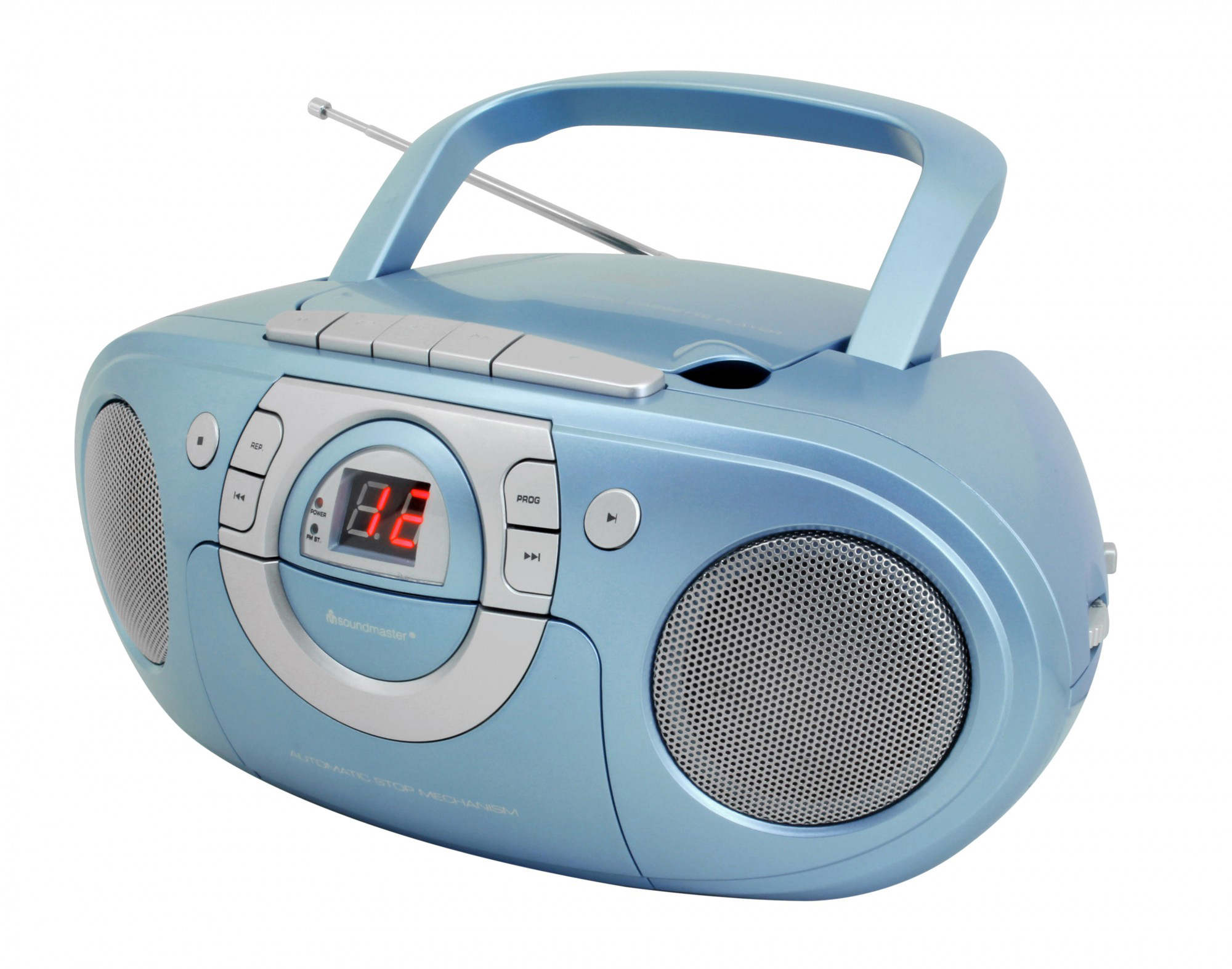 Blaue Boombox mit Griff, Lautsprechern und Display. Der Hintergrund ist weiß.