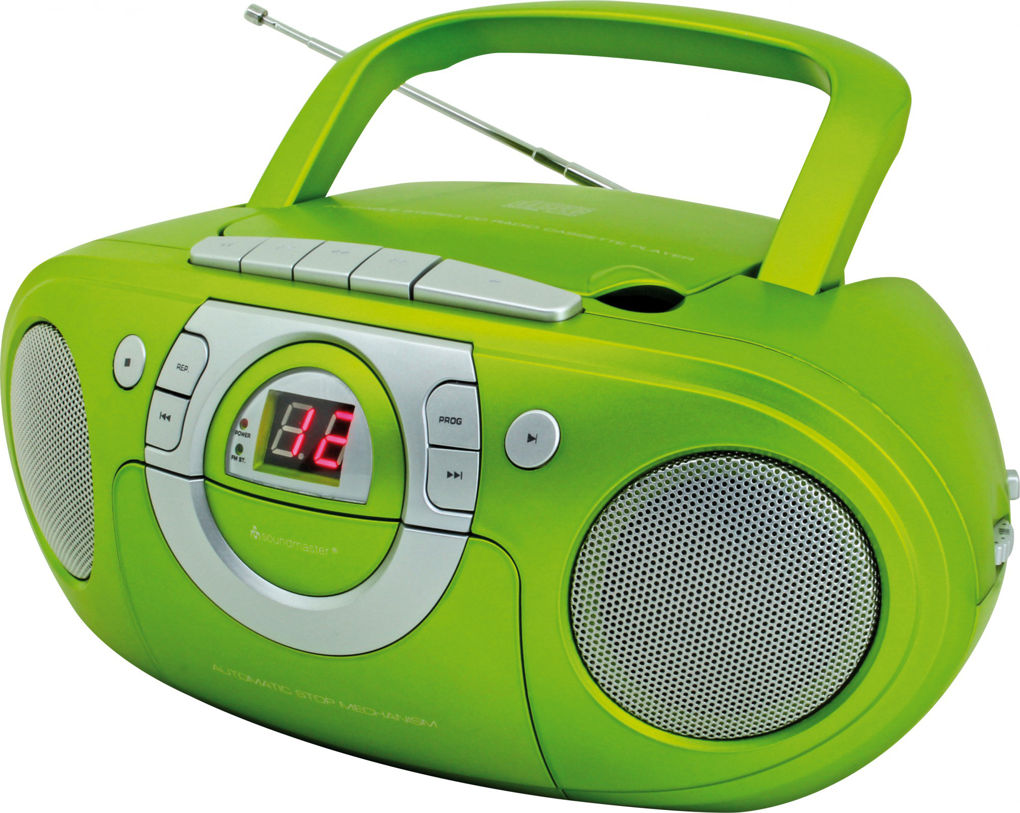 Grüne Boombox mit Digitalanzeige und Lautsprechern. Es hat einen Griff und Tasten zur Steuerung.