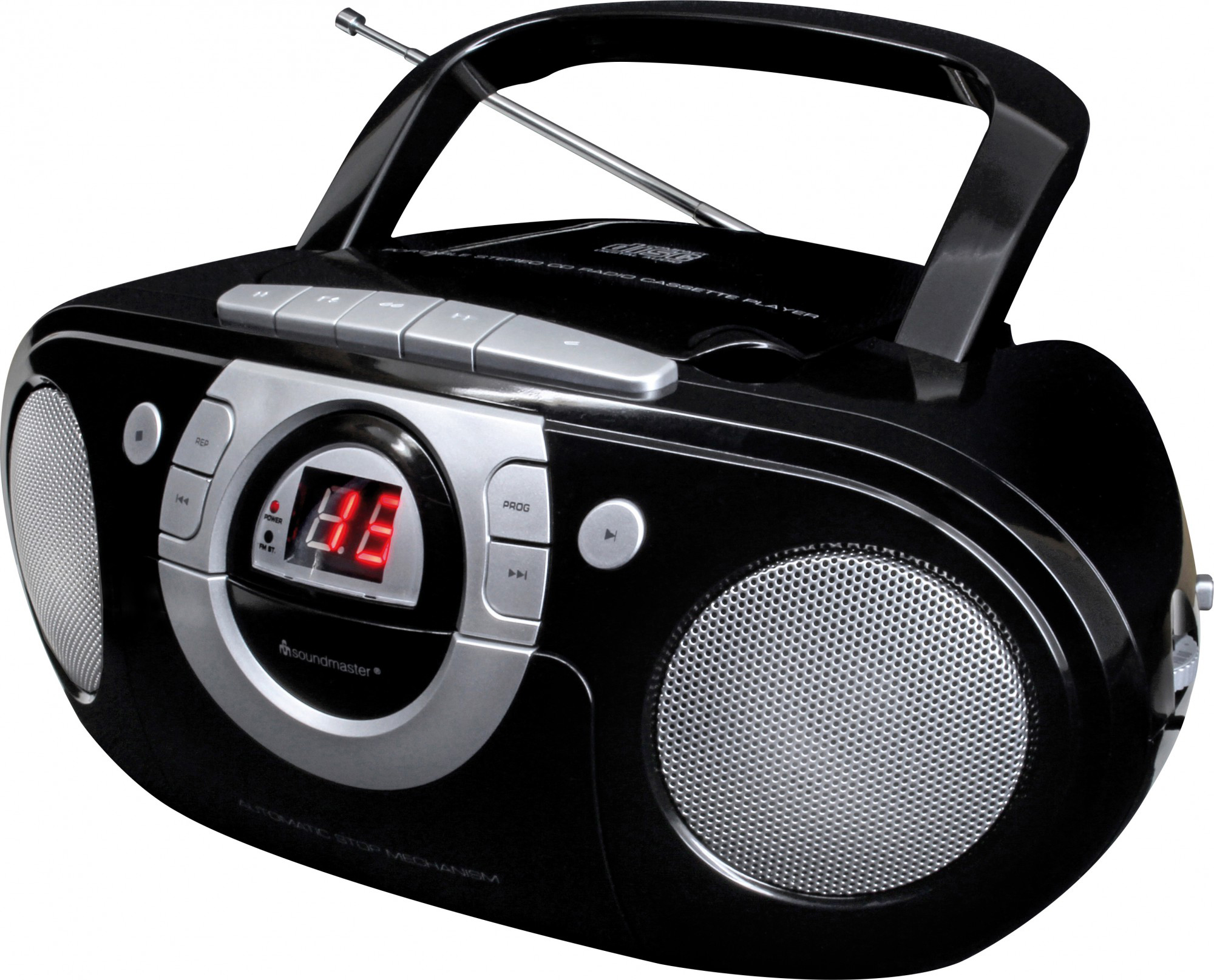 Eine schwarze Boombox mit CD-Player, Radio und Lautsprechern. Sie hat ein digitales Display und einen Griff.