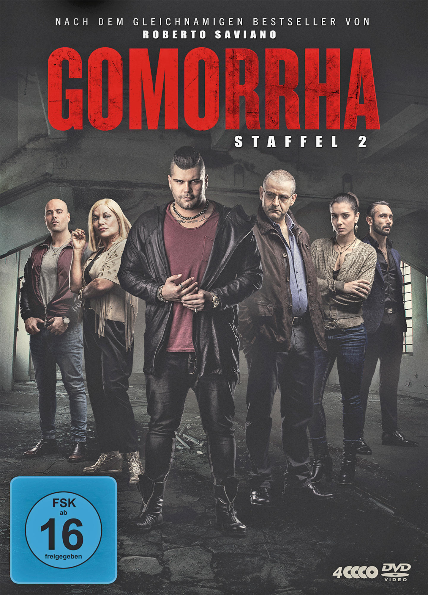 Poster einer Fernsehserie; Gruppe von Menschen in einem dunklen Raum.