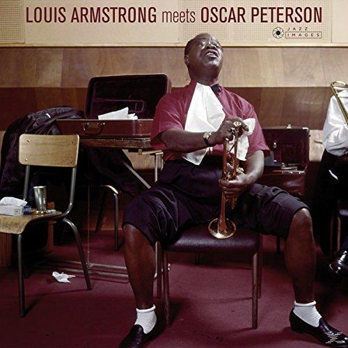 Album borító Louis Armstronggal és Oscar Petersonnal, jazz hangszerekkel.