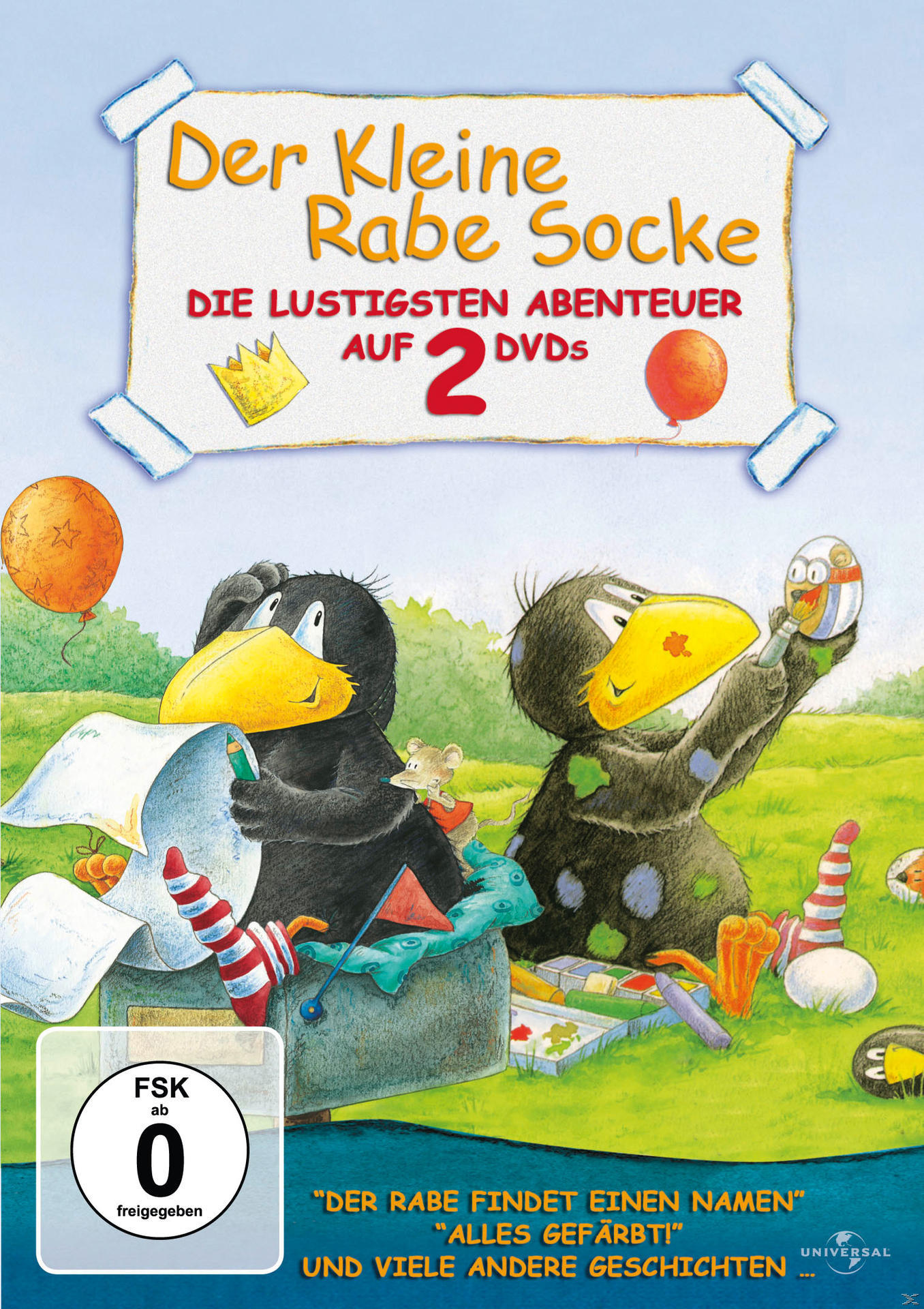 DVD-Cover mit zwei Krähen, Ballons und Cartoon-Illustrationen.