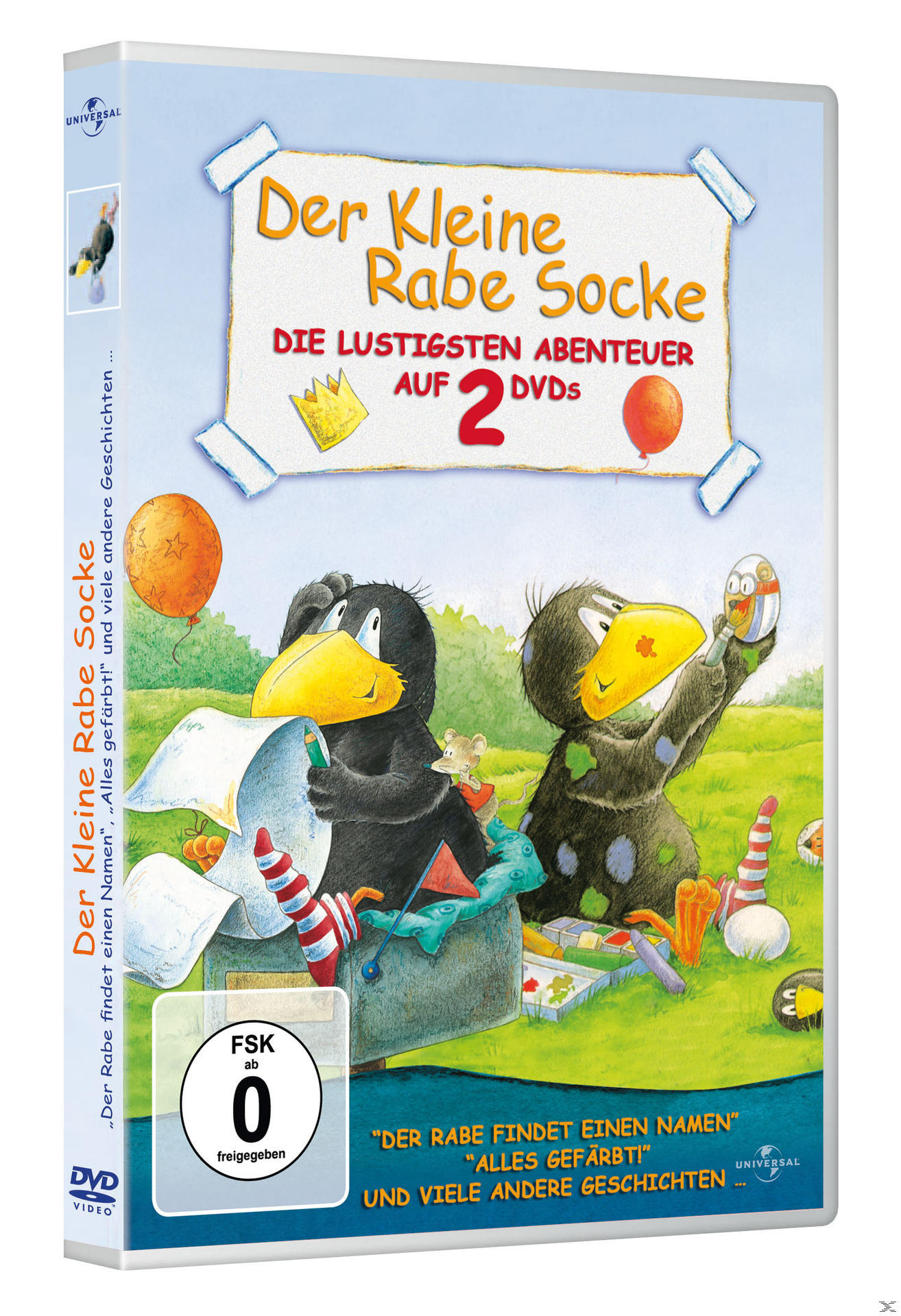 DVD-Cover für "Der kleine Rabe Socke". Zeigt einen Cartoon-Raben und verschiedene Objekte.