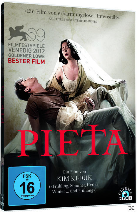 DVD-Cover. Ein Mann liegt unter einer Frau. Der Filmtitel lautet Pieta. Die Frau ist teilweise bedeckt.