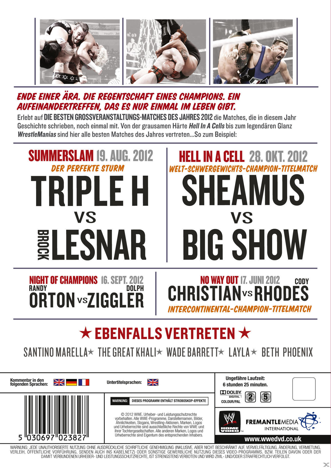 Rückseite einer DVD-Hülle mit Wrestlingszenen und Text über WWE-Events.
