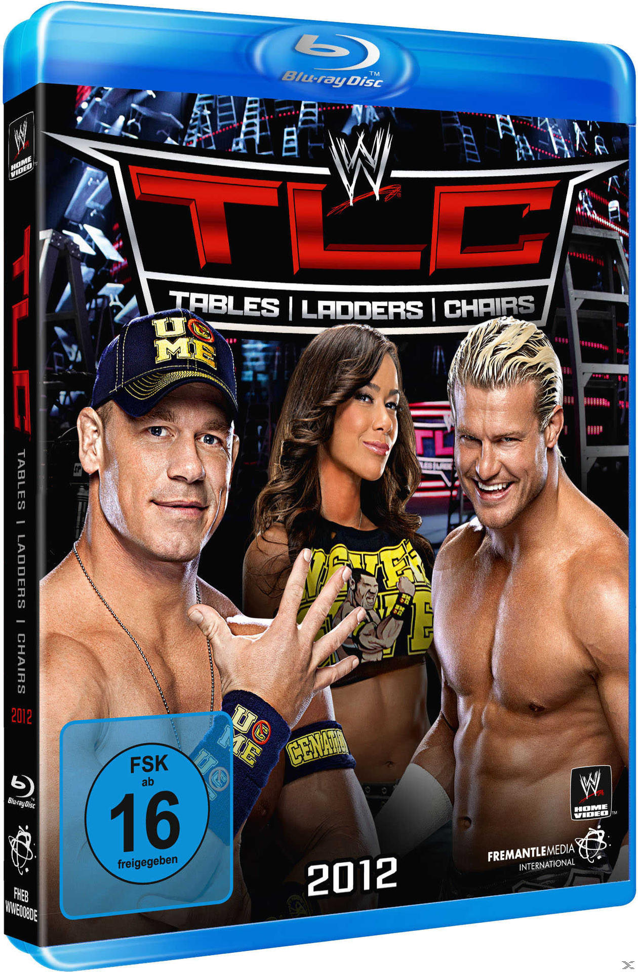 Blu-ray-Cover von WWE TLC 2012. John Cena, AJ Lee und Dolph Ziggler sind abgebildet. Der Titel 'TLC' ist prominent.