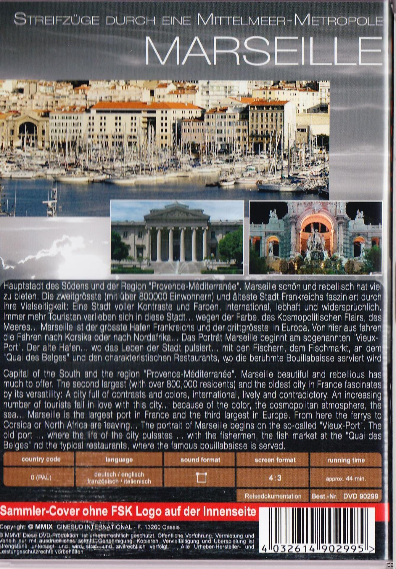 Rückseite einer DVD-Hülle mit einem Bild von Marseille, Frankreich, und Text in mehreren Sprachen.