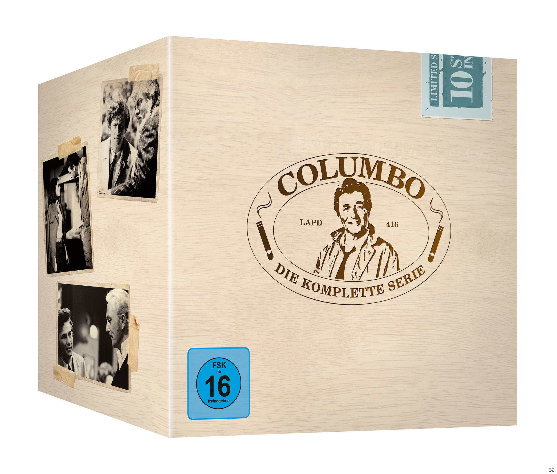 Holzkiste mit Columbos Bild und Fotos, sowie den Worten 'Die komplette Serie'.