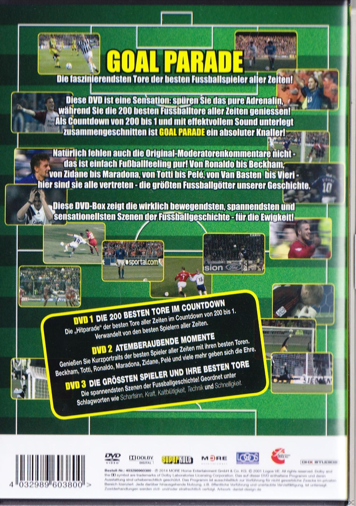 DVD-Hülle mit Fußball-Szenen und einem Text, der 'Goal Parade' bewirbt. Fußballspieler in Aktion.