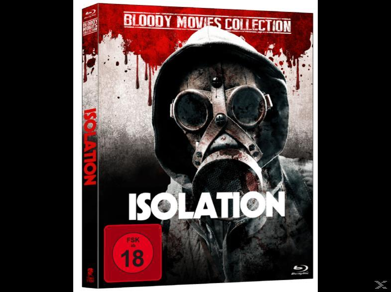 DVD-Cover für 'Isolation' mit einer Person, die eine Gasmaske trägt, blutiger Hintergrund.