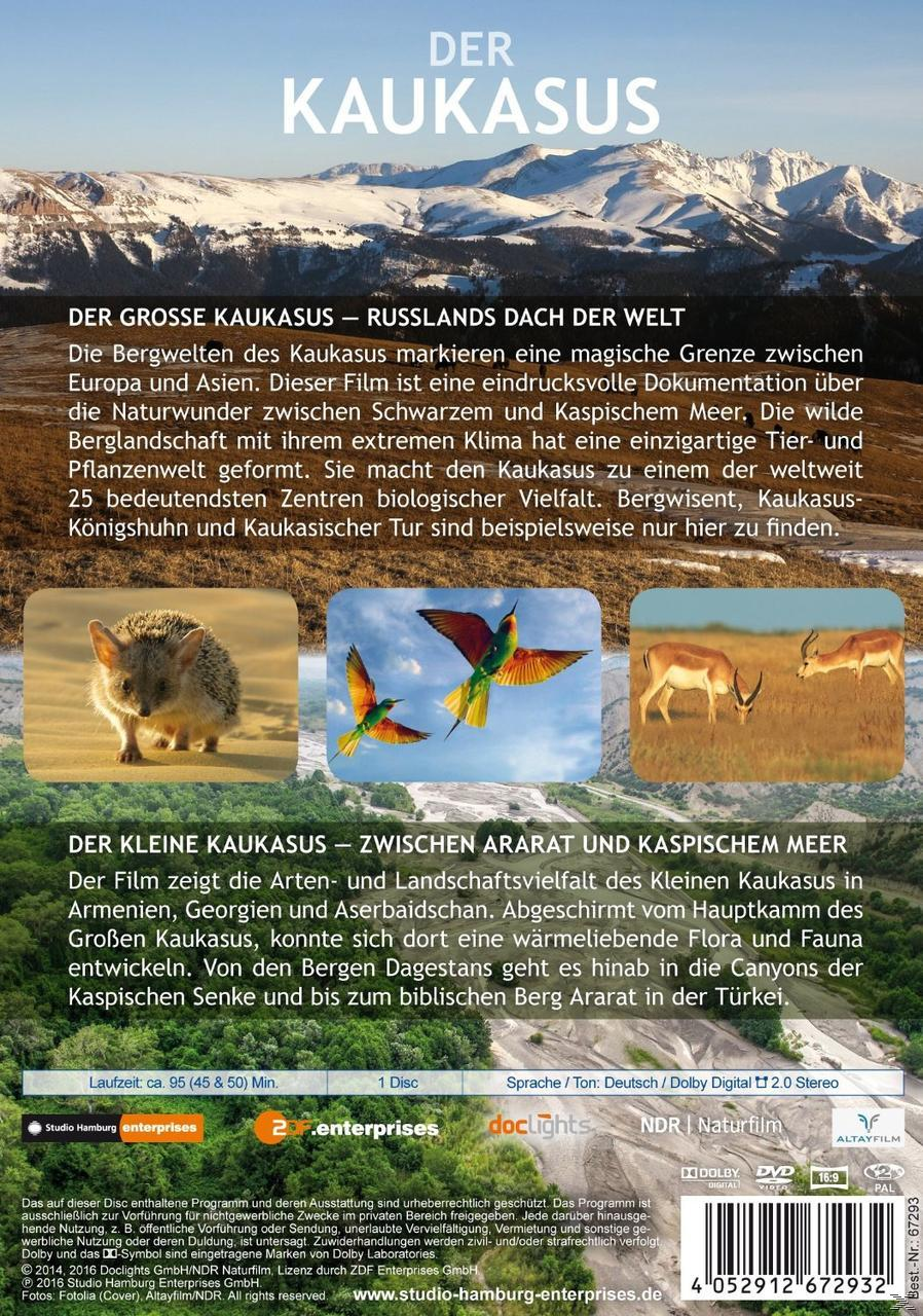 Rückseite einer DVD. Zeigt Berge, Tiere und Text über die Kaukasusregion.