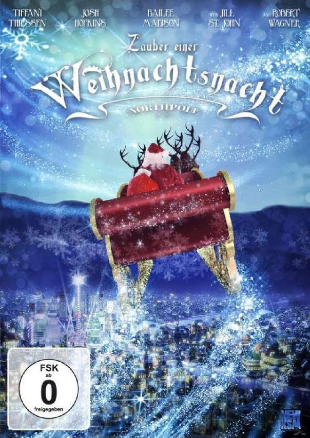 Ein Filmplakat mit dem Weihnachtsmann in einem Schlitten, der von Rentieren über einer Stadt bei Nacht gezogen wird. Der Titel lautet Weihnachtsnacht.