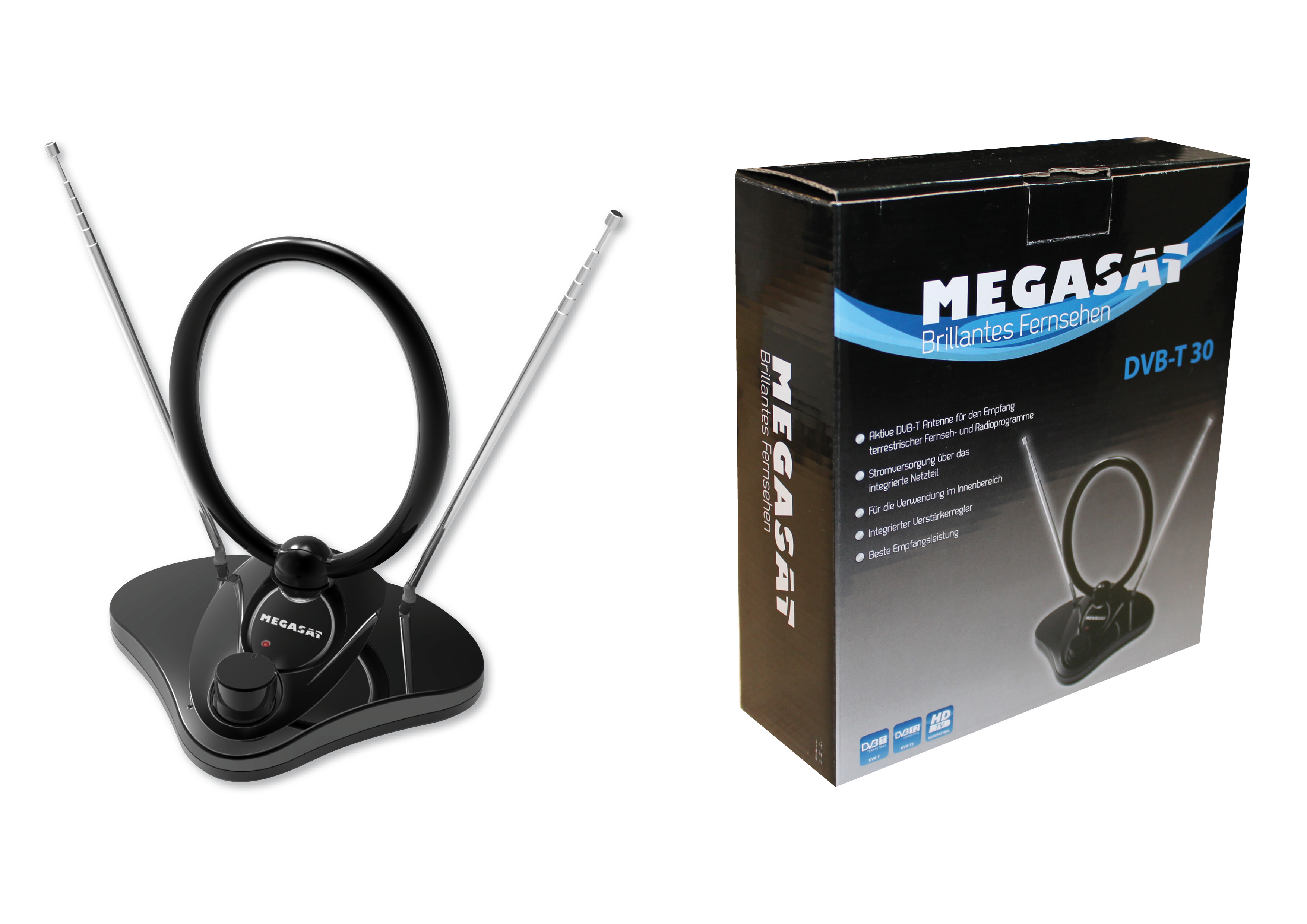MEGASAT HD 650 T2+ Set DVB-T2 HD Receiver und Megasat DVB-T 30 Antenne (HDTV, DVB-T2 HD, Schwarz)