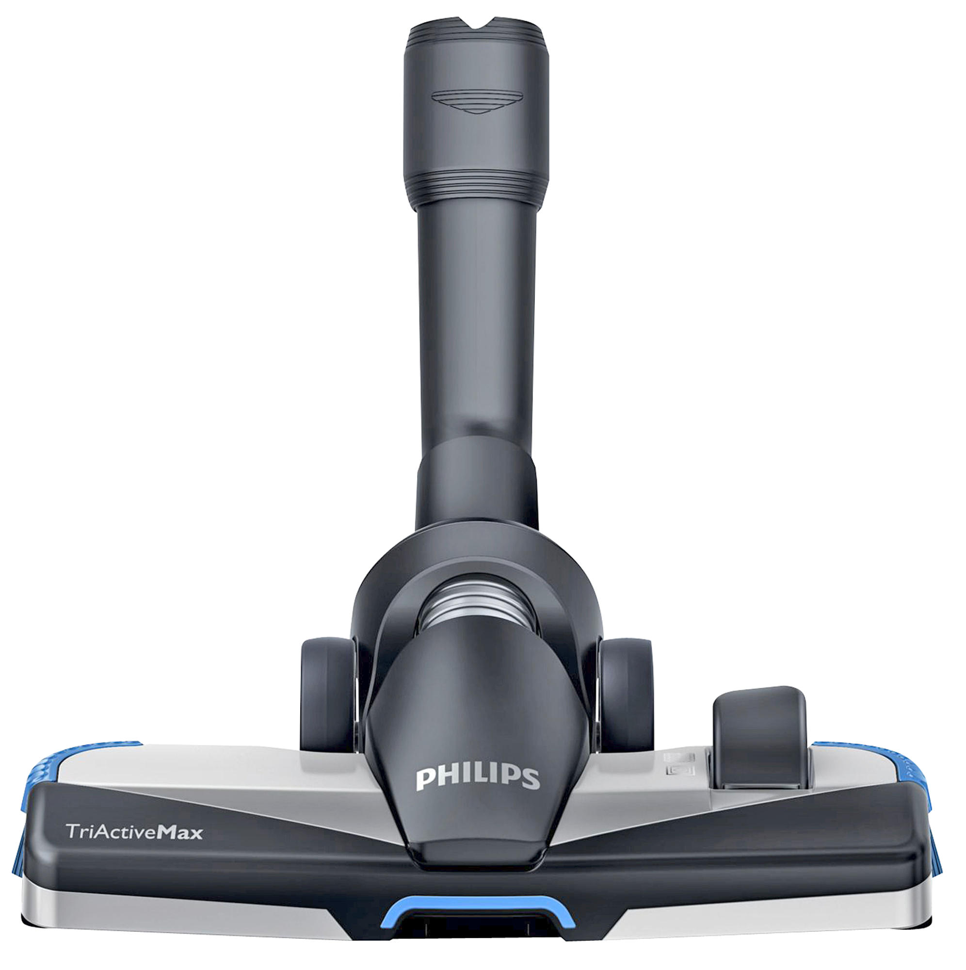 Ein Philips TriActiveMax Staubsaugerkopf. Er ist grau, schwarz, weiß und blau, mit dem Philips-Logo.