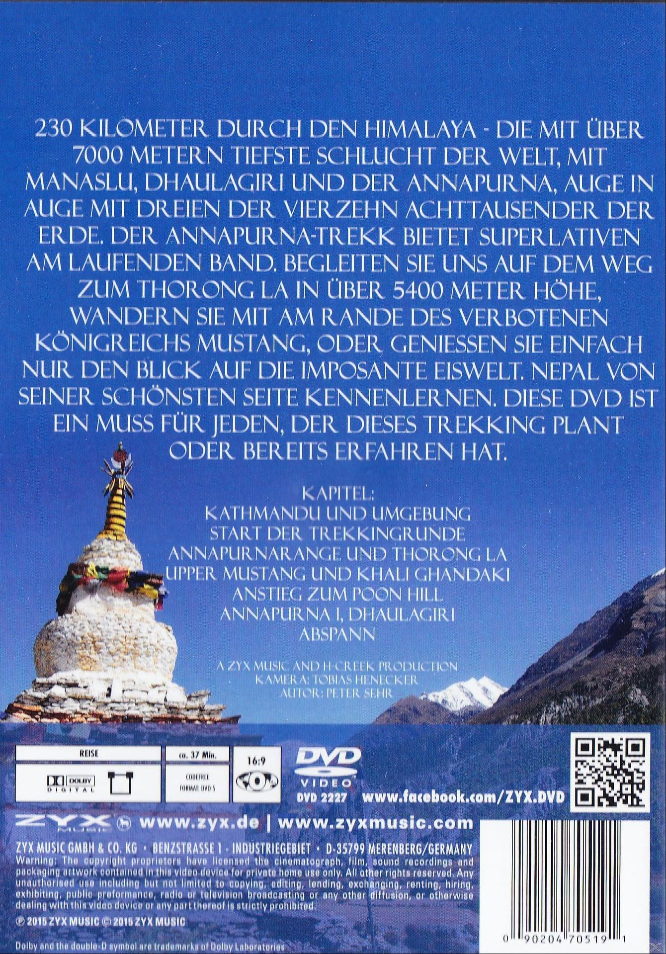 Rückseite einer DVD-Hülle mit Text in mehreren Sprachen über eine Reise in den Himalaya.