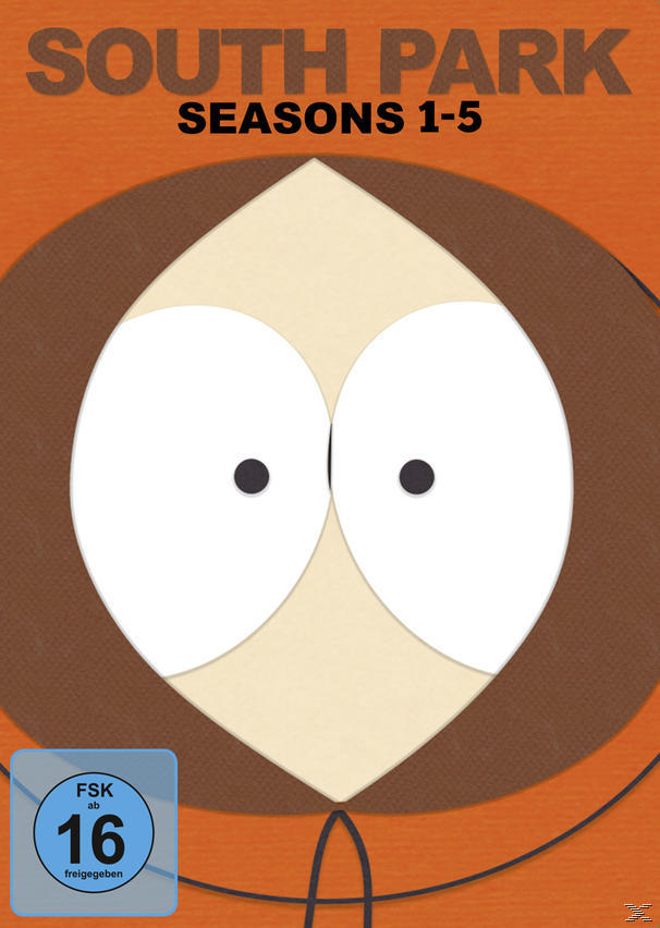 DVD-Cover von South Park Staffel 1-5, mit Kennys Gesicht mit weiten Augen und einem orangefarbenen Parka.