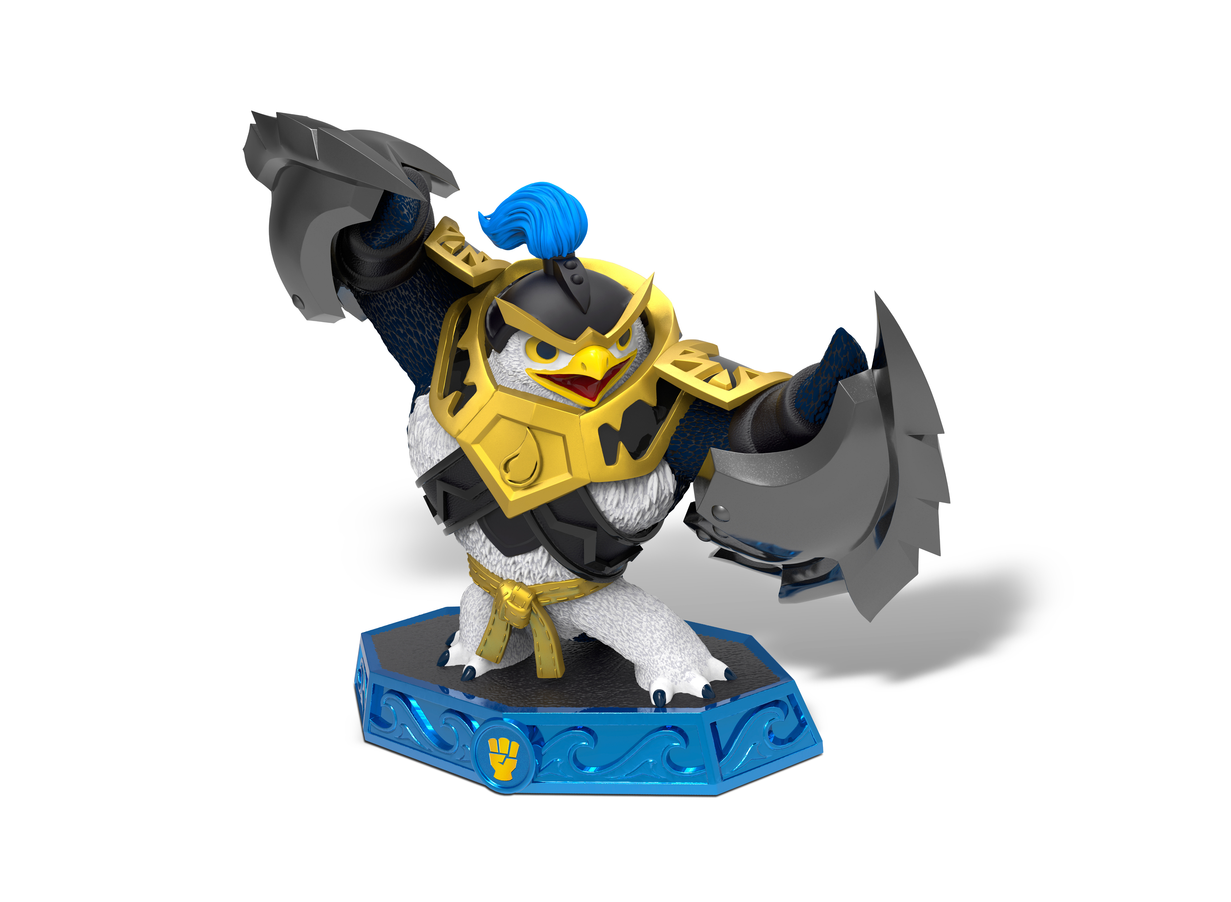 Eine Skylanders-Figur, ein vogelartiges Wesen mit Rüstung und Waffen, das auf einer blauen Basis steht.