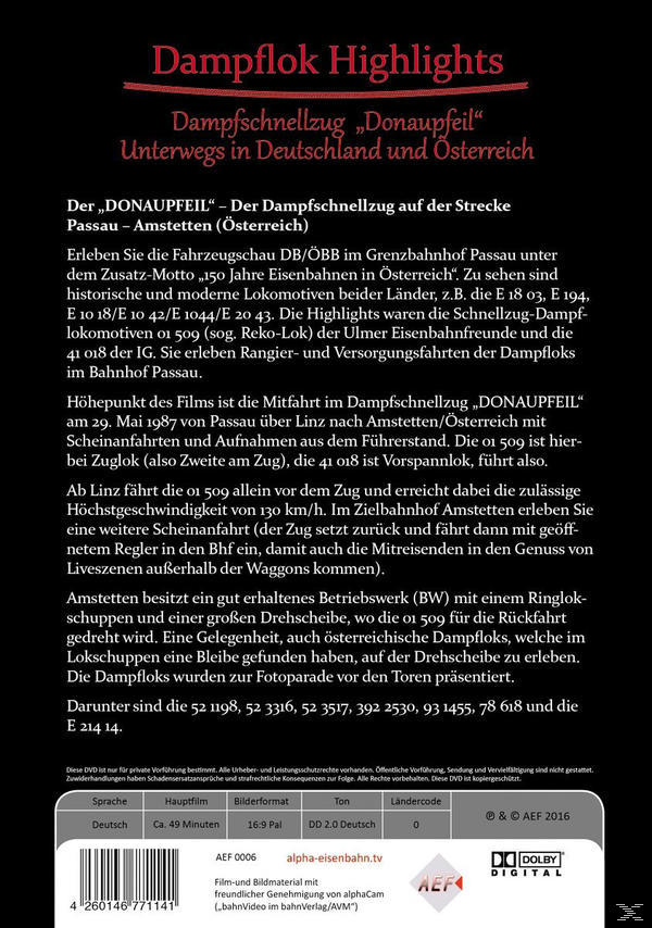 Dampflok Highlights - Dampfschnellzug "Donaupfeil" DVD