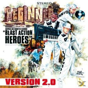 Albumcover für 'Beginner - Blast Action Heroes'. Zeigt Cartoonfiguren mit Musikinstrumenten.