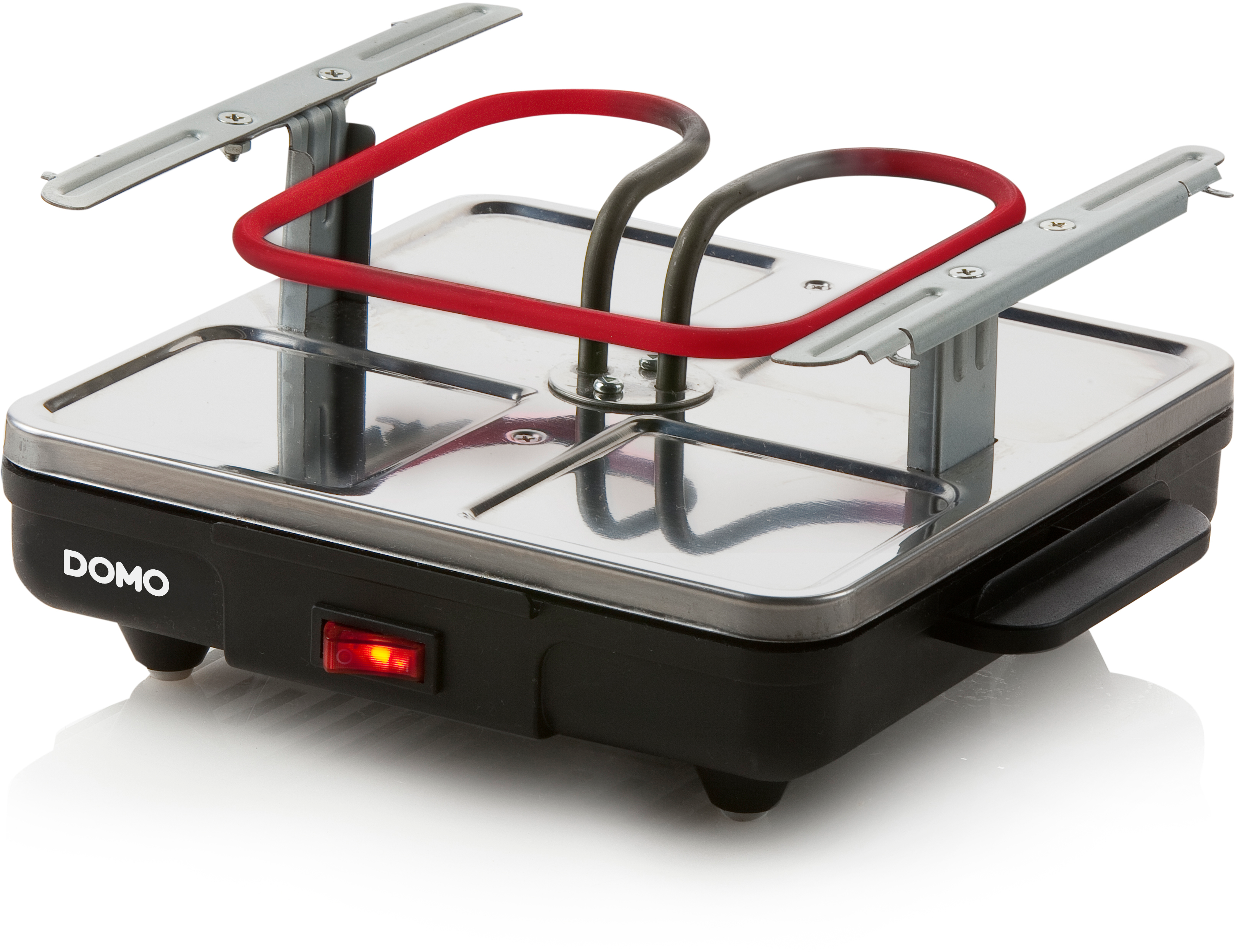 A black and silver electric grill with a red heating element and a power switch.