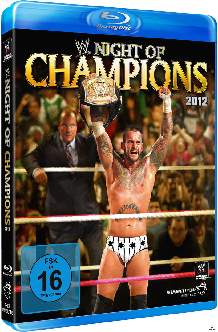 DVD-Cover für WWE Night of Champions 2012. Wrestler mit Gürtel, Mann im Anzug im Hintergrund.
