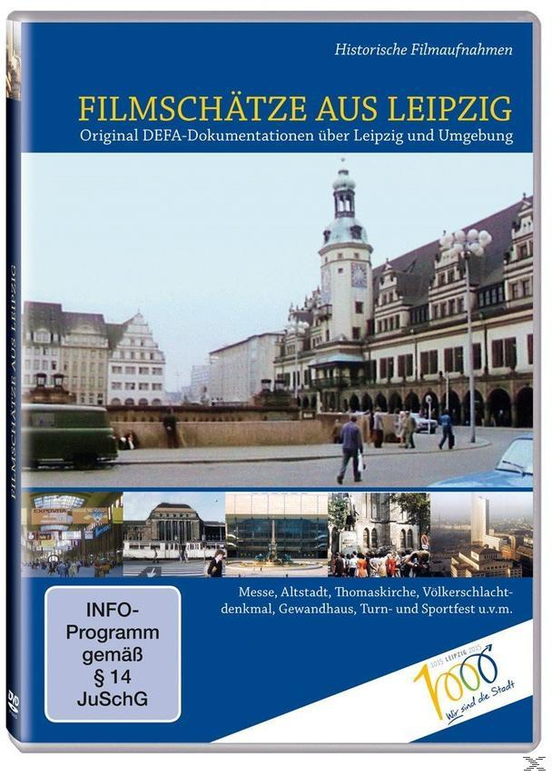 DVD-Cover: historische Stadtgebäude, Menschen und Text 'Filmschätze aus Leipzig'.