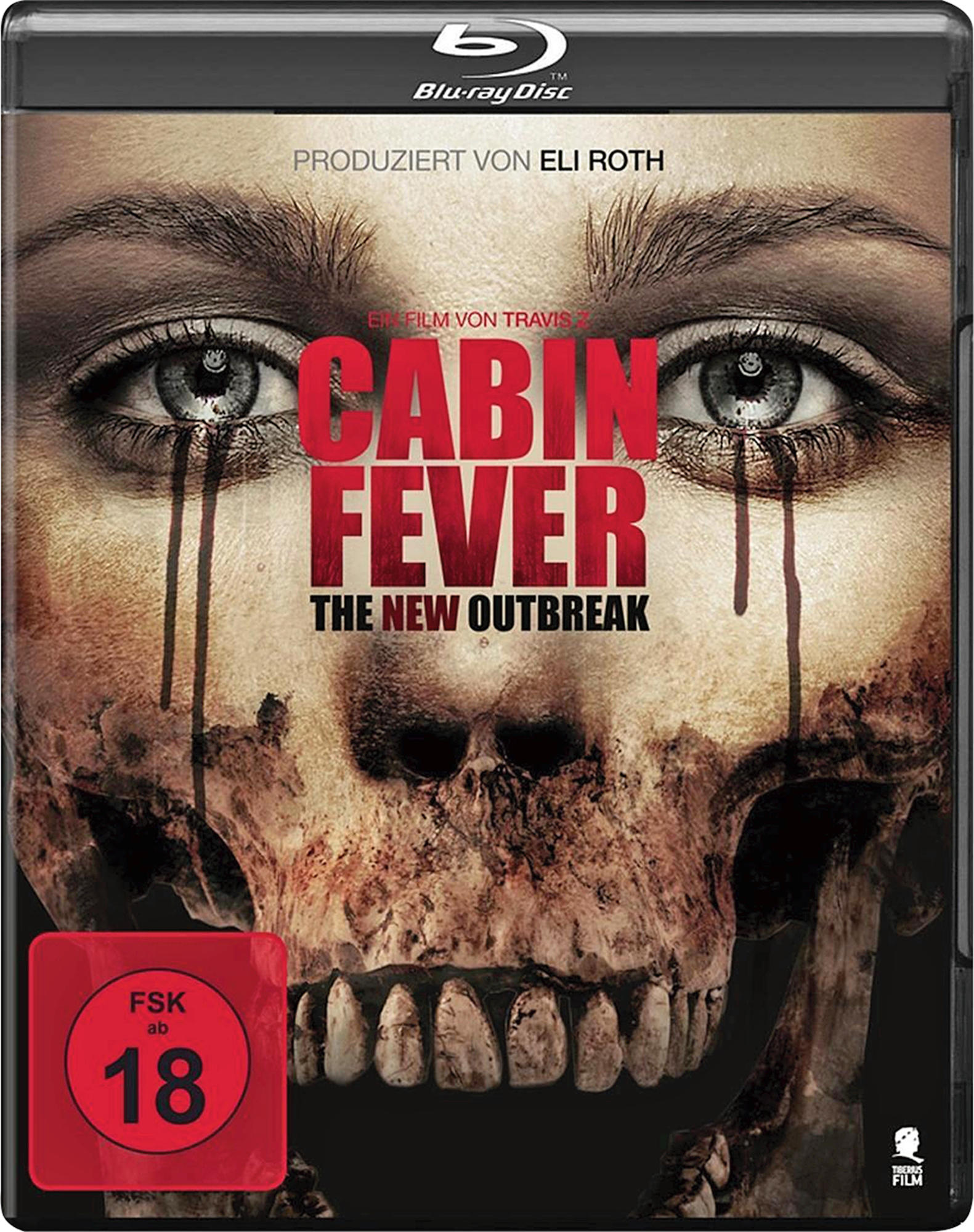 Cabin Fever DVD-Cover. Totenkopfgesicht mit aus den Augen tropfendem Wasser. Dunkles Horror-Thema. FSK 18-Bewertung.