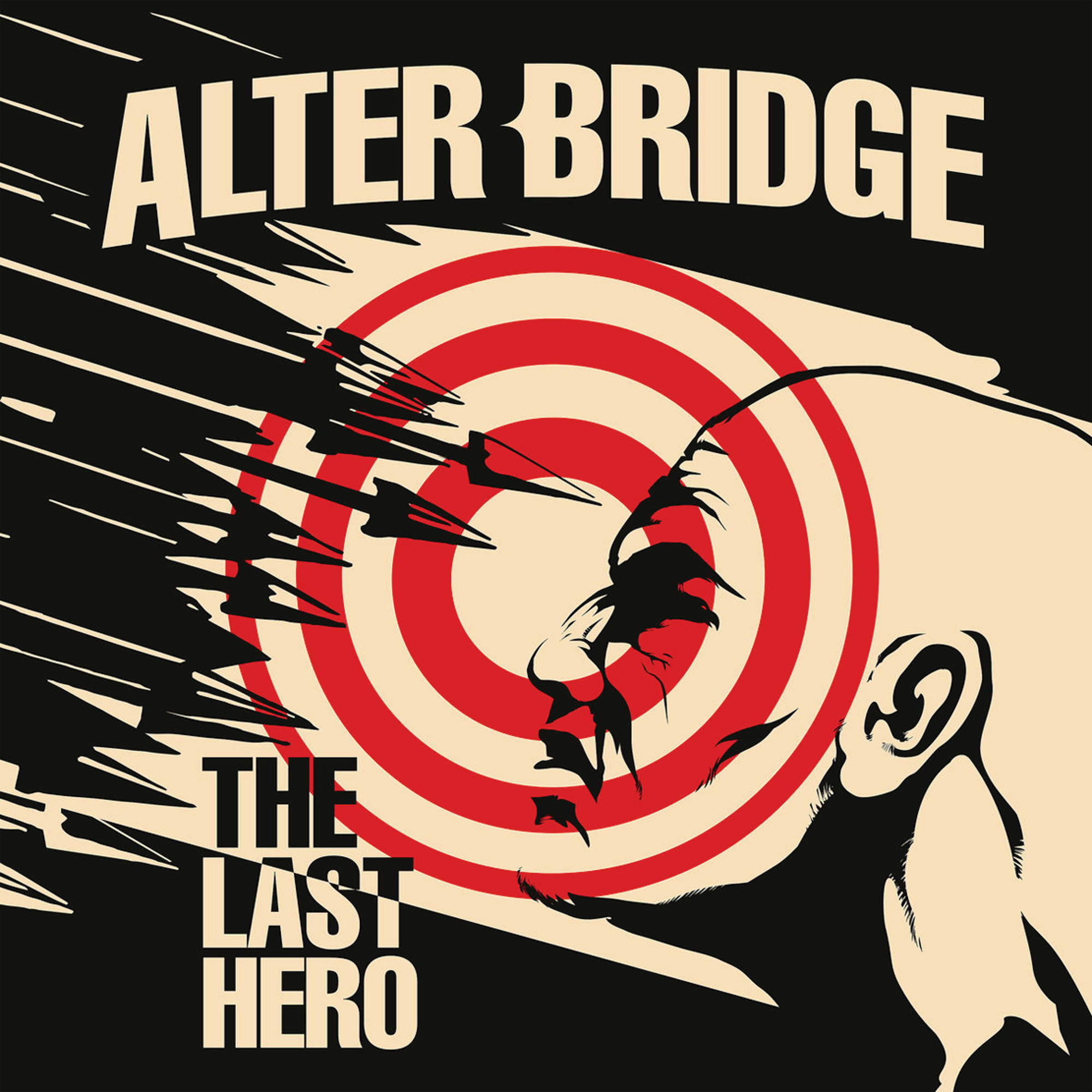 Albumcover: Alter Bridge, Kopf-Silhouette vor einem Ziel, mit den Worten 'The Last Hero'.