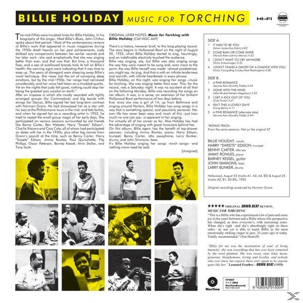 Magazinoldal Billie Holiday fotójával. Szöveg is található az életéről és karrierjéről.