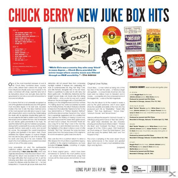 Album borító: Chuck Berry gitárral, 'New Juke Box Hits' felirattal és album részletekkel.