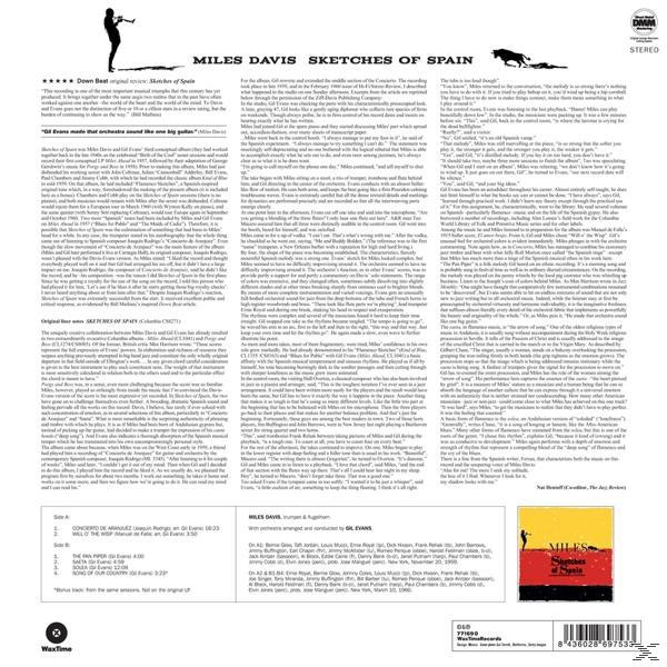 Album borító: Miles Davis 'Sketches of Spain' album hátlapja. Szöveget, krediteket és vonalkódot tartalmaz.