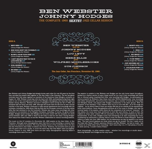 Album borító: Ben Webster és Johnny Hodges Sextet. Szöveg és nevek krémszínű háttéren, fekete szöveg.