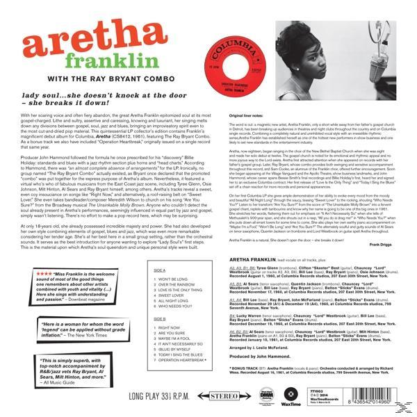 Album borító Aretha Franklin-nel, Columbia Records logóval és szöveggel a zenéjéről, mikrofonnal.