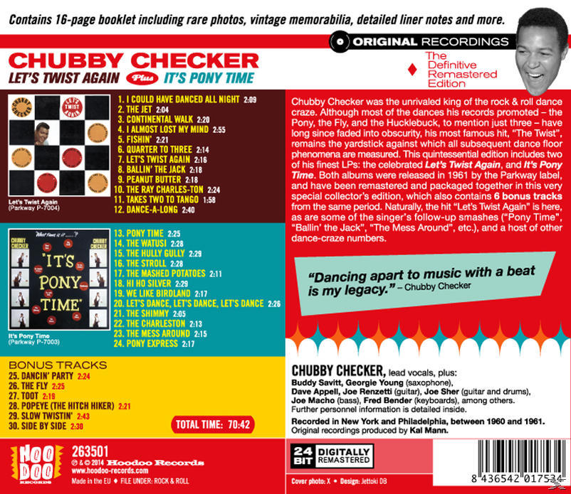 CD-Cover für 'Let's Twist Again'. Zeigt Chubby Checker und eine Liste von Songs.