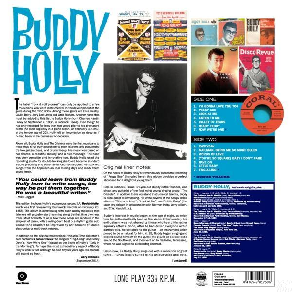 Albumborító Buddy Holly szövegével és képeivel, egy lemezcímkével és egy gitárral.
