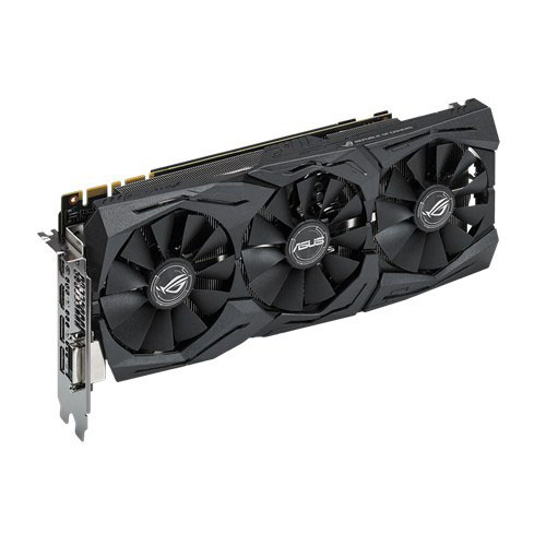 Schwarze Computer-Grafikkarte. Sie hat drei Lüfter und das ASUS ROG-Logo.